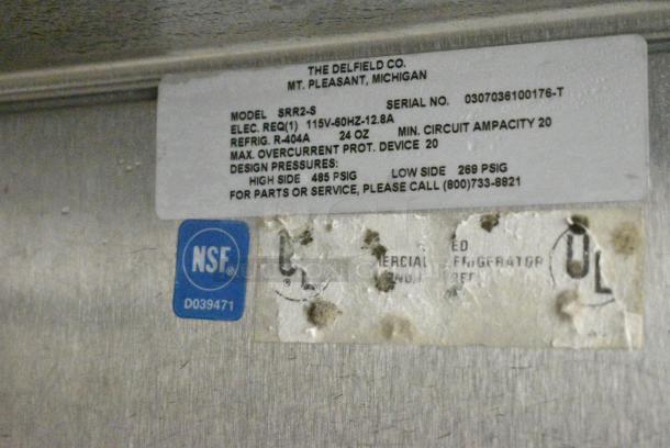 Delfield SRR2-S Stainless Steel Commercial 2 Door Reach In Cooler w/ Racks. 115 Volts, 1 Phase. Tested and Working! - Image 6 of 6