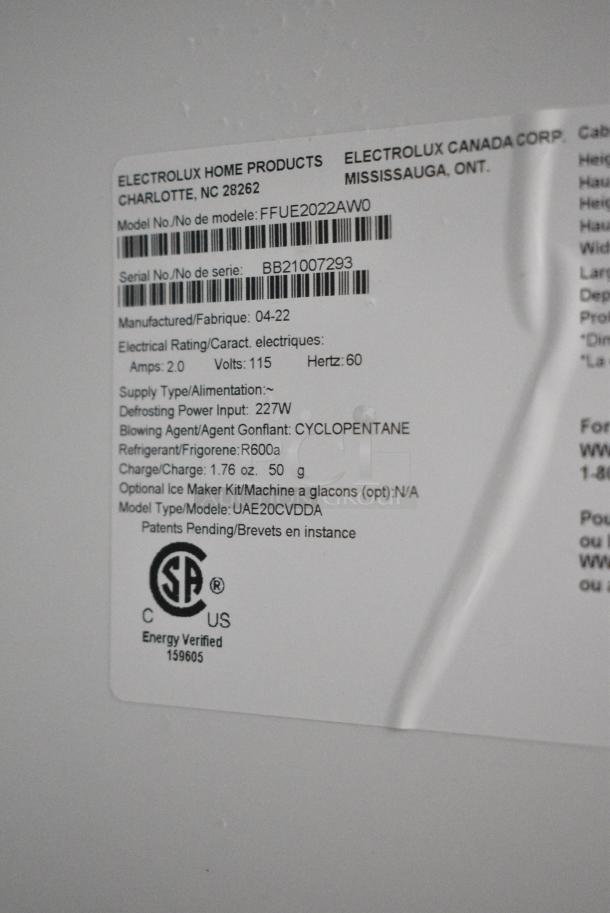 2022 Frigidaire FFUE2022AW0 Metal Single Door Reach In Freezer. 115 Volts, 1 Phase. Tested and Working! - Image 7 of 7