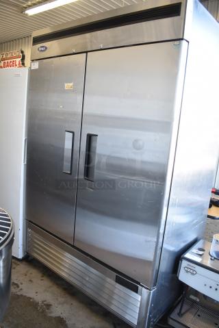 2021 Atosa MBF6507GR Stainless Steel Commercial 2 Door Reach In Cooler w/ Poly Coated Racks on Commercial Casters. 115 Volts, 1 Phase. Tested and Working!