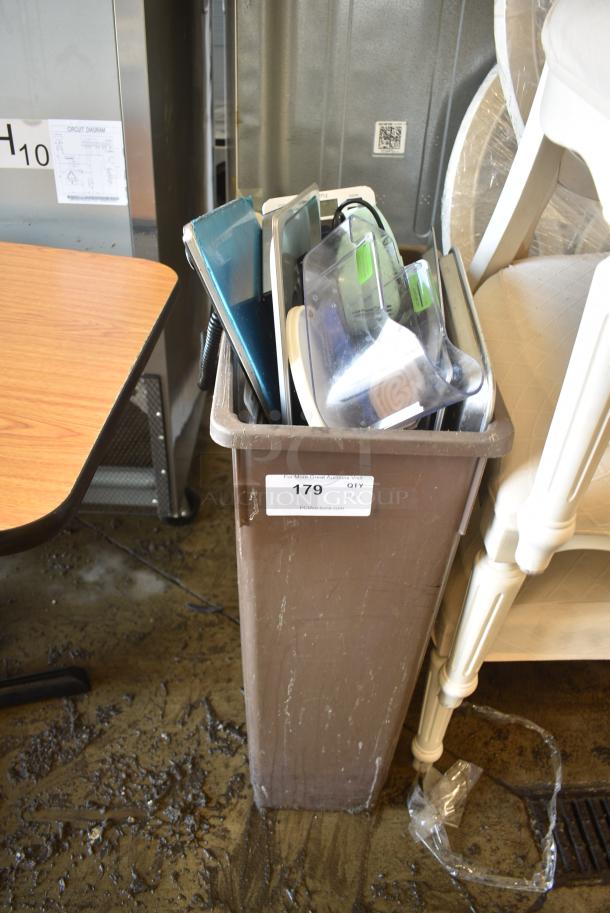 ALL ONE MONEY! Lot of Brown Poly Slim Jim Trash Can w/ Contents Including Hand Mixer - Image 1 of 2