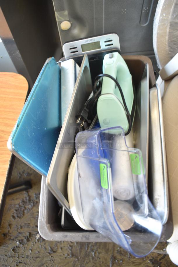 ALL ONE MONEY! Lot of Brown Poly Slim Jim Trash Can w/ Contents Including Hand Mixer - Image 2 of 2