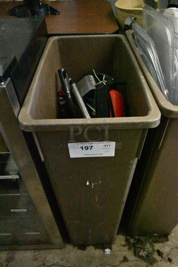 ALL ONE MONEY! Lot of Brown Poly Slim Jim Trash Can w/ Contents Including Skillets - Image 1 of 7