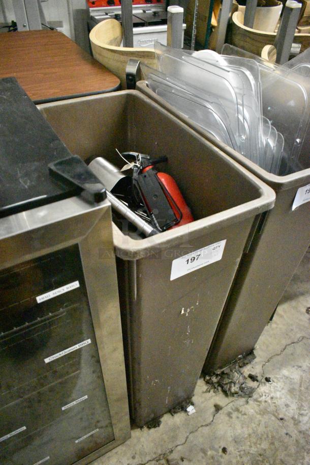 ALL ONE MONEY! Lot of Brown Poly Slim Jim Trash Can w/ Contents Including Skillets - Image 2 of 7