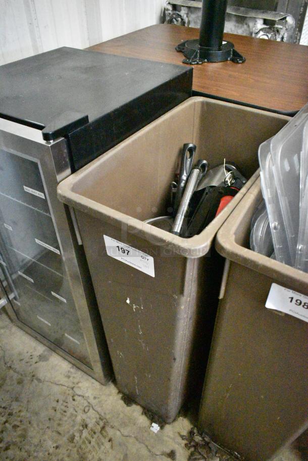 ALL ONE MONEY! Lot of Brown Poly Slim Jim Trash Can w/ Contents Including Skillets - Image 3 of 7