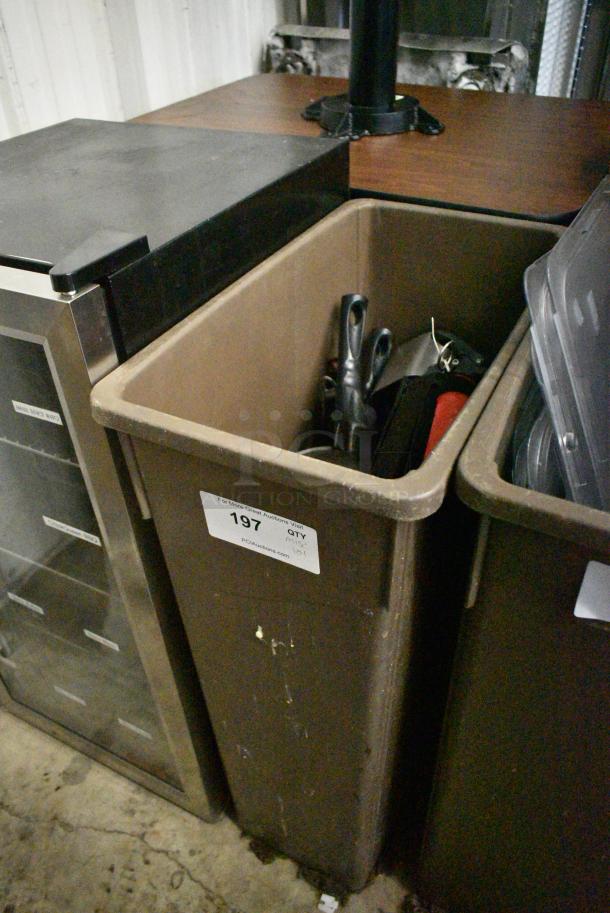 ALL ONE MONEY! Lot of Brown Poly Slim Jim Trash Can w/ Contents Including Skillets - Image 4 of 7