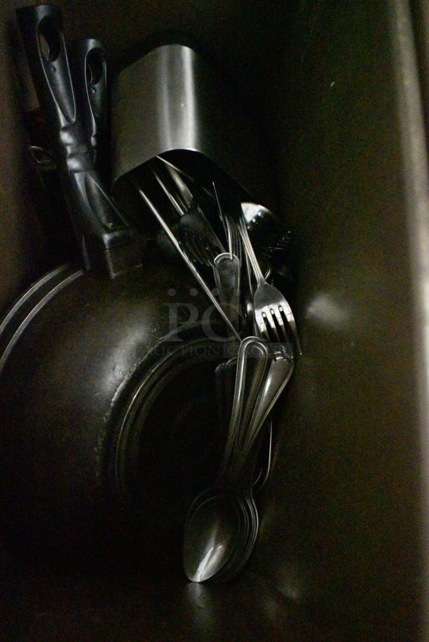 ALL ONE MONEY! Lot of Brown Poly Slim Jim Trash Can w/ Contents Including Skillets - Image 6 of 7