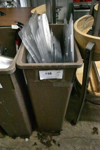 ALL ONE MONEY! Lot of Brown Poly Slim Jim Trash Can w/ Contents Including Clear Poly Drop In Bin Lids