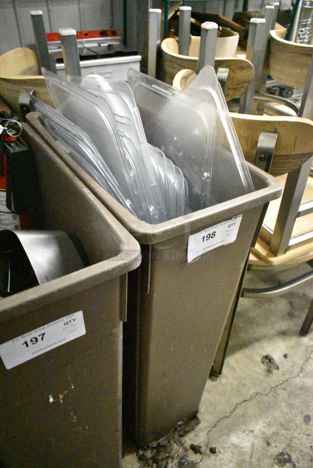 ALL ONE MONEY! Lot of Brown Poly Slim Jim Trash Can w/ Contents Including Clear Poly Drop In Bin Lids - Image 2 of 4