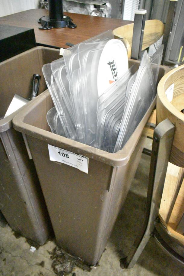 ALL ONE MONEY! Lot of Brown Poly Slim Jim Trash Can w/ Contents Including Clear Poly Drop In Bin Lids - Image 3 of 4
