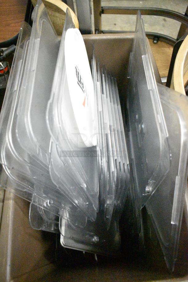 ALL ONE MONEY! Lot of Brown Poly Slim Jim Trash Can w/ Contents Including Clear Poly Drop In Bin Lids - Image 4 of 4