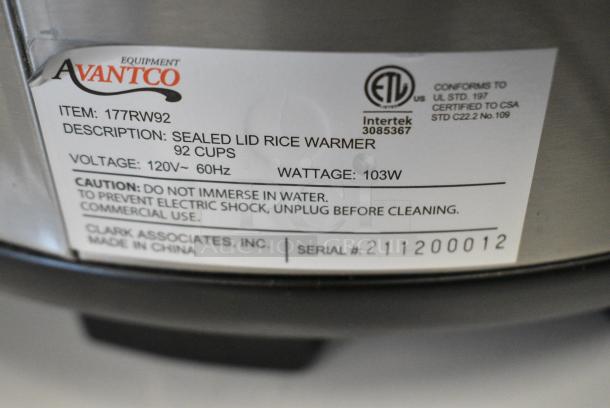 Avantco 177RW92 Stainless Steel Commercial Rice Warmer. 120 Volts, 1 Phase. - Image 6 of 6