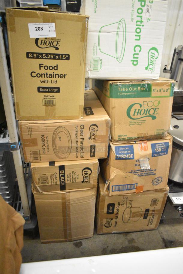 8 BRAND NEW! Boxes of Various Items Including 795SUS050801 Choice 5 1/4" x 8 1/2" Extra Large Food Container with Lid - 300/Case, 760SOUP16PBL Choice 6 - 16 oz. Clear Plastic Soup / Food Cup Lid - 1000/Case, 129MCR32B Choice 32 oz. Black Round Microwavable Heavy Weight Container with Lid 7 1/4" - 150/Case, 127P325C Choice 3.25 oz. Clear Plastic Souffle Cup / Portion Cup - 2500/Case, CTR24BD Dart SafeSeal 24 oz. Plastic Tamper-Resistant, Tamper-Evident Bowl with Dome Lid - 150/Case, 760SOUP8WB Choice 8 oz. White Double Poly-Coated Paper Food Cup - 1000/Case. 8 Times Your Bid! - Image 1 of 9
