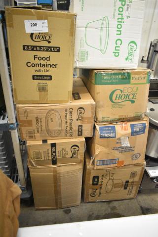 8 BRAND NEW! Boxes of Various Items Including 795SUS050801 Choice 5 1/4" x 8 1/2" Extra Large Food Container with Lid - 300/Case, 760SOUP16PBL Choice 6 - 16 oz. Clear Plastic Soup / Food Cup Lid - 1000/Case, 129MCR32B Choice 32 oz. Black Round Microwavable Heavy Weight Container with Lid 7 1/4" - 150/Case, 127P325C Choice 3.25 oz. Clear Plastic Souffle Cup / Portion Cup - 2500/Case, CTR24BD Dart SafeSeal 24 oz. Plastic Tamper-Resistant, Tamper-Evident Bowl with Dome Lid - 150/Case, 760SOUP8WB Choice 8 oz. White Double Poly-Coated Paper Food Cup - 1000/Case. 8 Times Your Bid!