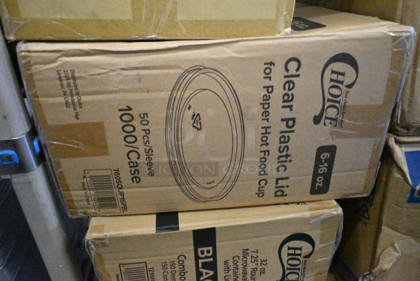 8 BRAND NEW! Boxes of Various Items Including 795SUS050801 Choice 5 1/4" x 8 1/2" Extra Large Food Container with Lid - 300/Case, 760SOUP16PBL Choice 6 - 16 oz. Clear Plastic Soup / Food Cup Lid - 1000/Case, 129MCR32B Choice 32 oz. Black Round Microwavable Heavy Weight Container with Lid 7 1/4" - 150/Case, 127P325C Choice 3.25 oz. Clear Plastic Souffle Cup / Portion Cup - 2500/Case, CTR24BD Dart SafeSeal 24 oz. Plastic Tamper-Resistant, Tamper-Evident Bowl with Dome Lid - 150/Case, 760SOUP8WB Choice 8 oz. White Double Poly-Coated Paper Food Cup - 1000/Case. 8 Times Your Bid! - Image 3 of 9