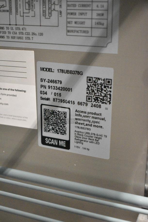 BRAND NEW SCRATCH AND DENT! 2024 Avantco 178UBB378G 78" Black Counter Height Glass Door Back Bar Refrigerator with LED Lighting. 115 Volts, 1 Phase. Tested and Working! - Image 7 of 7