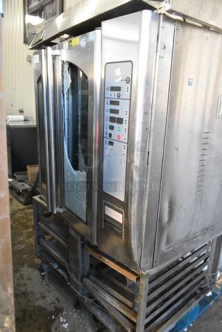 Baxter Stainless Steel Commercial Natural Gas Powered Mini Rotating Rack Oven on Pan Rack. See Pictures for Broken Glass.