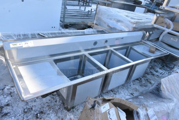 BRAND NEW SCRATCH AND DENT! Regency 600S31818218 94" 16 Gauge Stainless Steel Three Compartment Commercial Sink with Cross Bracing and 2 Drainboards - 18" x 18" x 14" Bowls. - Image 1 of 9