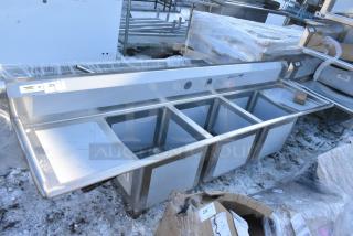 BRAND NEW SCRATCH AND DENT! Regency 600S31818218 94" 16 Gauge Stainless Steel Three Compartment Commercial Sink with Cross Bracing and 2 Drainboards - 18" x 18" x 14" Bowls.