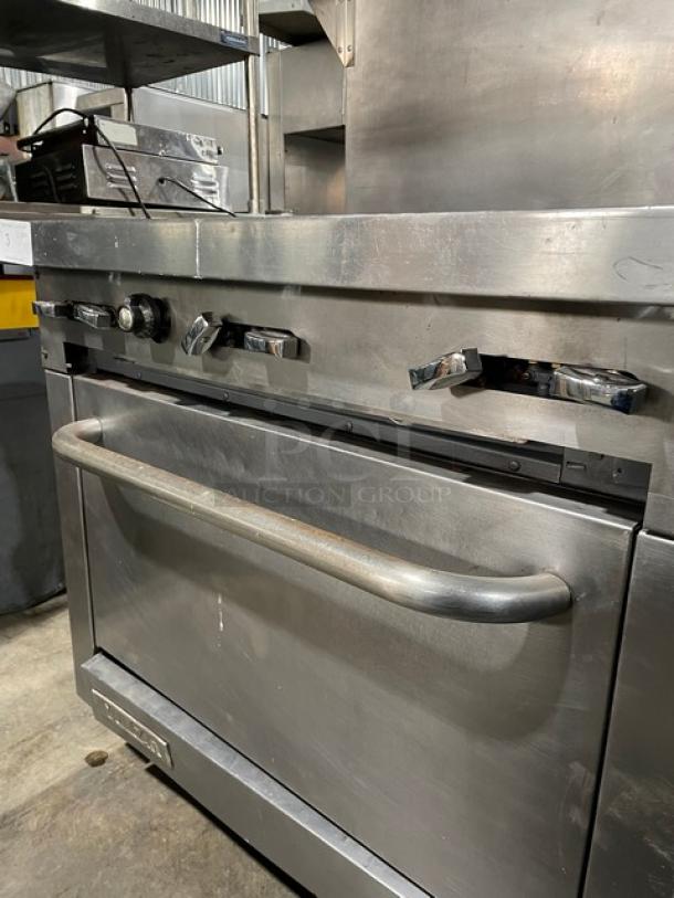 Vulcan Commercial Stainless Steel Natural Gas Powered 6 Burner Range/Oven Combo! With Back Splash & Overhead Salamander Shelf! With Wired Oven Rack! On Legs! - Image 6 of 11