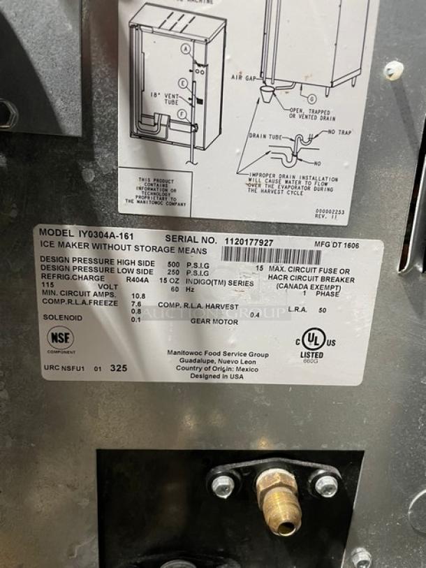 Manitowoc Indigo Series Commercial Stainless Steel Air Cooled Half Cube Ice Machine Head! Energy Star Certified! Model: IY0304A-161 SN: 1120177927! With Manitowoc Commercial Ice Bin! Model: B170 SN: 1120123071! 115V 1 Phase! On Legs! - Image 8 of 13