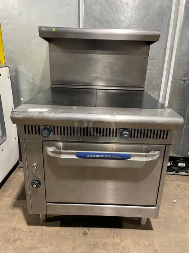 Imperial Diamond Series Commercial Stainless Steel Natural Gas Powered Double French Top Range/Oven Combo! With Back Splash & Overhead Salamander Shelf! With Wire Oven Racks! Model: IHR-2FT SN: C7165811! On Legs! - Image 1 of 12