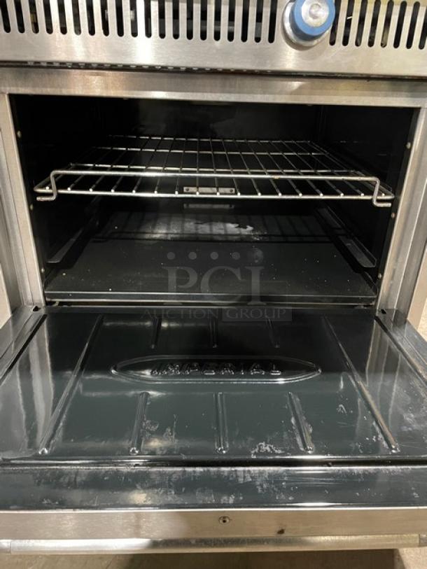 Imperial Diamond Series Commercial Stainless Steel Natural Gas Powered Double French Top Range/Oven Combo! With Back Splash & Overhead Salamander Shelf! With Wire Oven Racks! Model: IHR-2FT SN: C7165811! On Legs! - Image 5 of 12