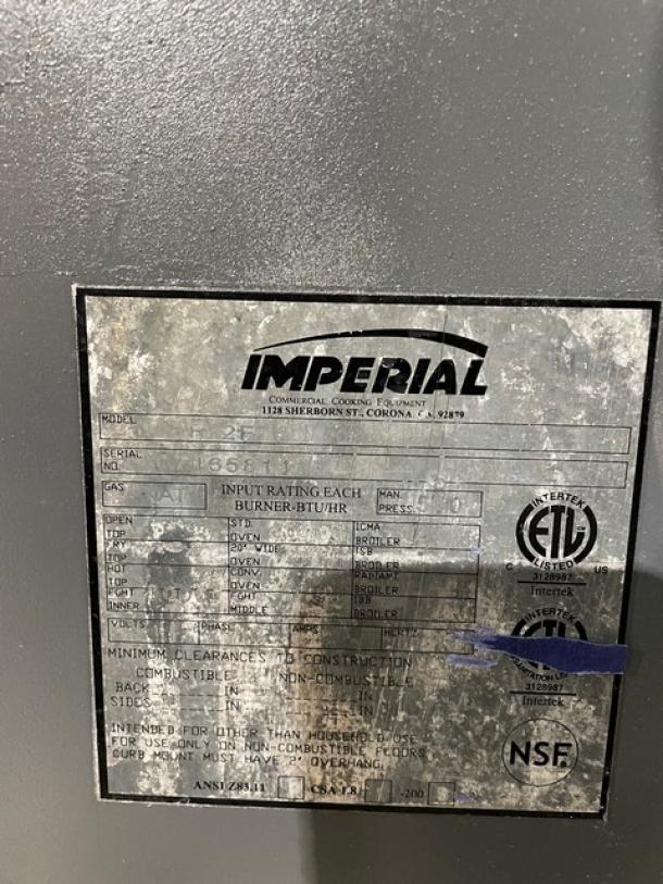 Imperial Diamond Series Commercial Stainless Steel Natural Gas Powered Double French Top Range/Oven Combo! With Back Splash & Overhead Salamander Shelf! With Wire Oven Racks! Model: IHR-2FT SN: C7165811! On Legs! - Image 11 of 12