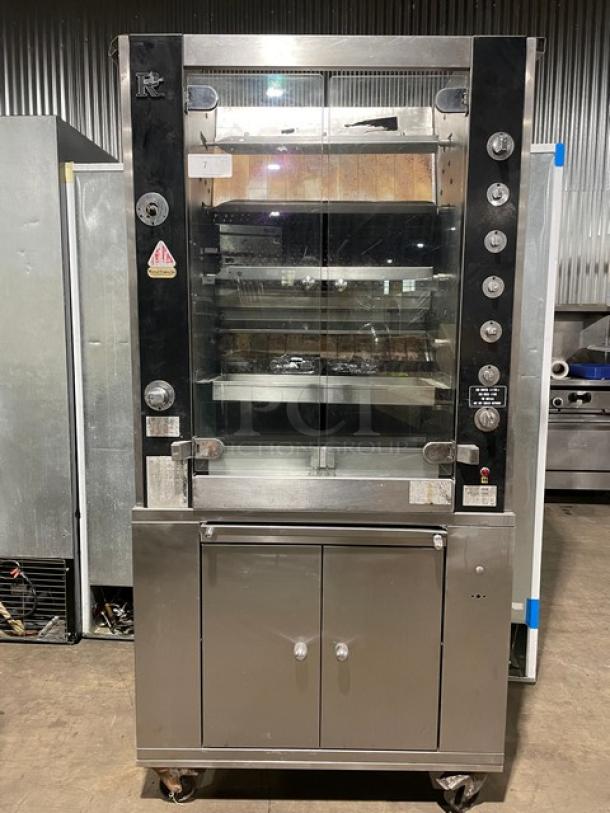 Rotisol-France Commercial Stainless Steel Natural Gas Powered Rotisserie Oven/Barbeque Machine! With Tempered Glass View-Through Doors! With Enclosed 2 Door Storage Base Underneath! With Pull-Out Style Retractable Worktable! Model: 950.5 SN: 3798! 220-240V 1 Phase! On Casters! - Image 1 of 10