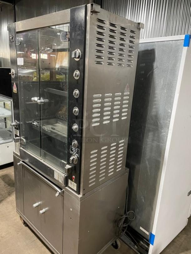 Rotisol-France Commercial Stainless Steel Natural Gas Powered Rotisserie Oven/Barbeque Machine! With Tempered Glass View-Through Doors! With Enclosed 2 Door Storage Base Underneath! With Pull-Out Style Retractable Worktable! Model: 950.5 SN: 3798! 220-240V 1 Phase! On Casters! - Image 2 of 10