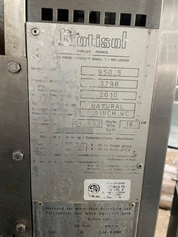 Rotisol-France Commercial Stainless Steel Natural Gas Powered Rotisserie Oven/Barbeque Machine! With Tempered Glass View-Through Doors! With Enclosed 2 Door Storage Base Underneath! With Pull-Out Style Retractable Worktable! Model: 950.5 SN: 3798! 220-240V 1 Phase! On Casters! - Image 9 of 10
