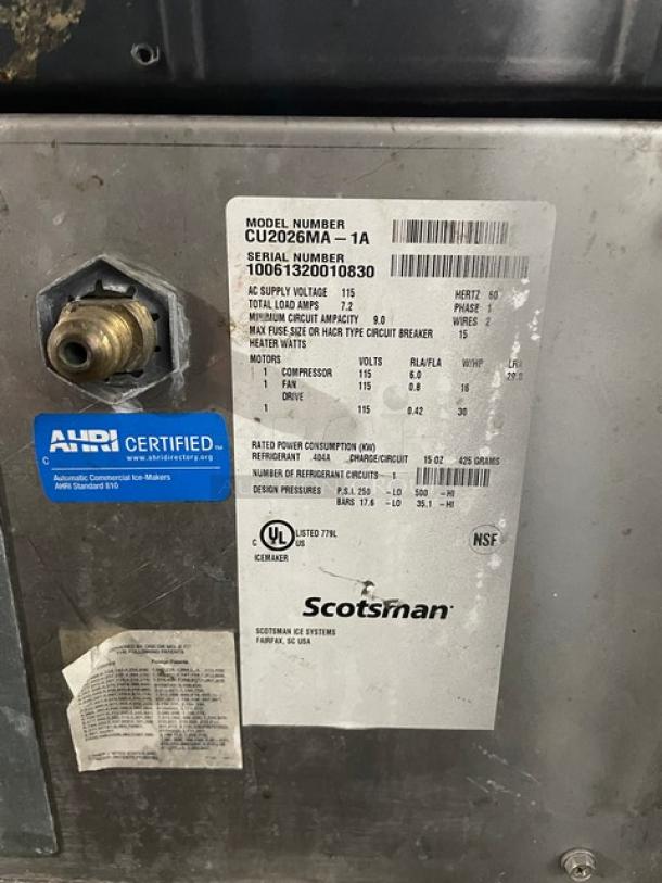Scotsman Prodigy Series Commercial Stainless Steel Air-Cooled Undercounter Medium Cubed Ice Machine/Storage Bin Combo! Energy Star Certified! With Top Sliding Lid! Model: CU2026MA-1A SN: 10061320010830! 115V 1 Phase! On Legs! - Image 9 of 12