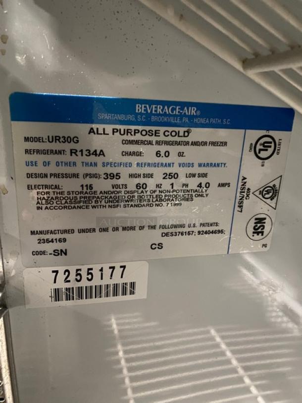 Beverage-Air Commercial Black Single Glass Door Countertop Merchandiser Refrigerator! With Poly Coated Wire Racks! Model: UR30G SN: 7255177! 115V 1 Phase! - Image 6 of 9