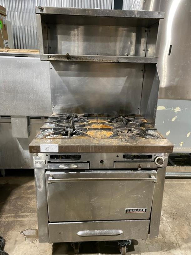 Garland Commercial Stainless Steel Natural Gas Powered 4 Burner Range/Oven Combo! With Back & Right-Side Splash! With Enclosed Type Overhead Salamander Shelf! On Casters! - Image 1 of 10