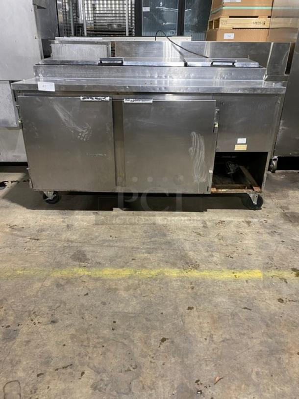 Beverage-Air Commercial Stainless Steel 2 Door Refrigerated Mega Top Pizza Prep Table! With Poly Coated Wire Racks! Model: PT67 SN: 2905605! 115V 1 Phase! On Casters! - Image 1 of 11