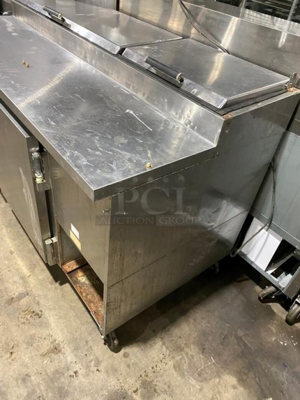 Beverage-Air Commercial Stainless Steel 2 Door Refrigerated Mega Top Pizza Prep Table! With Poly Coated Wire Racks! Model: PT67 SN: 2905605! 115V 1 Phase! On Casters! - Image 2 of 11