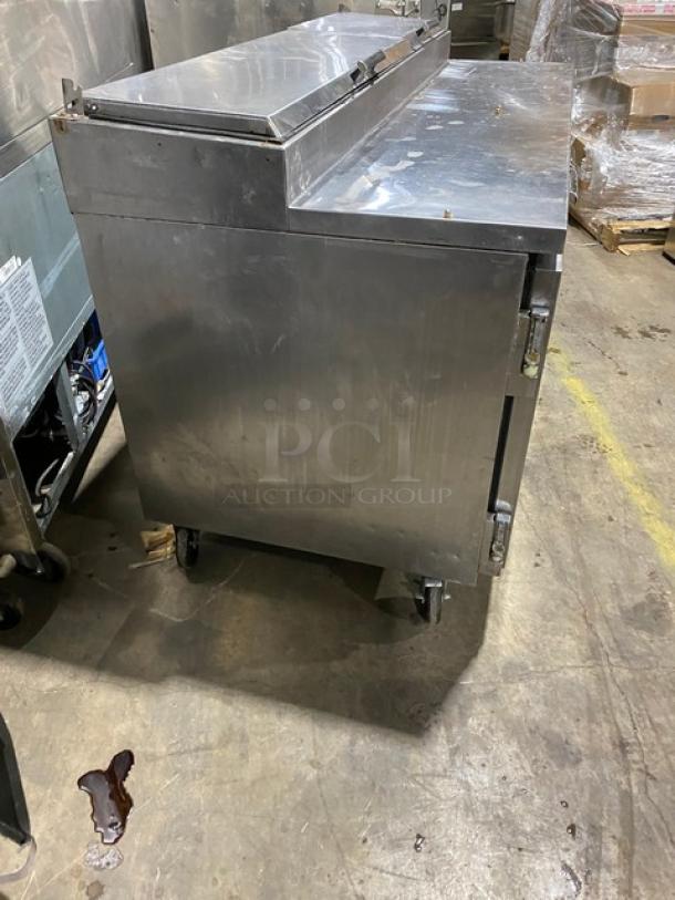 Beverage-Air Commercial Stainless Steel 2 Door Refrigerated Mega Top Pizza Prep Table! With Poly Coated Wire Racks! Model: PT67 SN: 2905605! 115V 1 Phase! On Casters! - Image 4 of 11