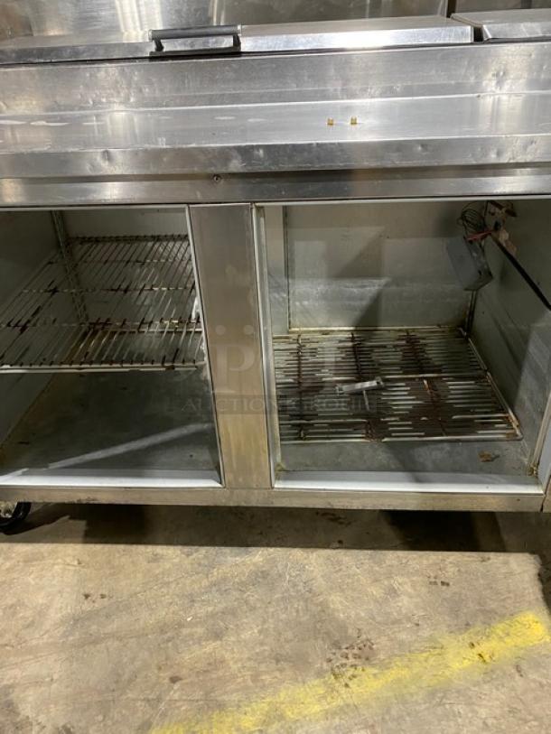 Beverage-Air Commercial Stainless Steel 2 Door Refrigerated Mega Top Pizza Prep Table! With Poly Coated Wire Racks! Model: PT67 SN: 2905605! 115V 1 Phase! On Casters! - Image 5 of 11