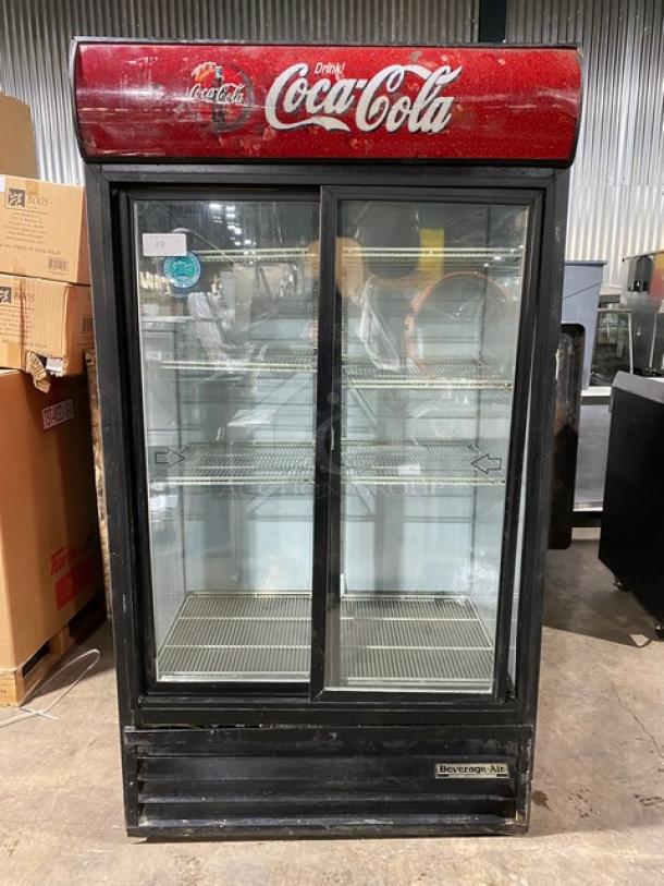 Beverage-Air Coca-Cola Style Commercial Double Sliding Glass Door Reach In Refrigerator Merchandiser! With Poly Coated Wire Racks! Model: MT38 SN: 4773664! 115V 1 Phase! - Image 1 of 10