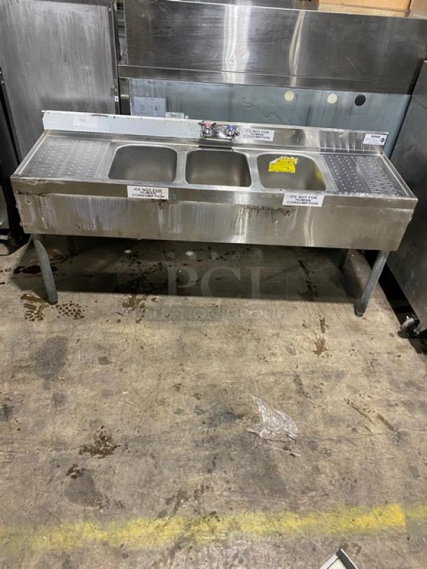 Krowne Commercial Stainless Steel 3 Compartment Underbar Sink! With Left & Right Side Drainboards! With Back Splash! Model: 18-53C SN: 03030006008! On Legs! - Image 1 of 8