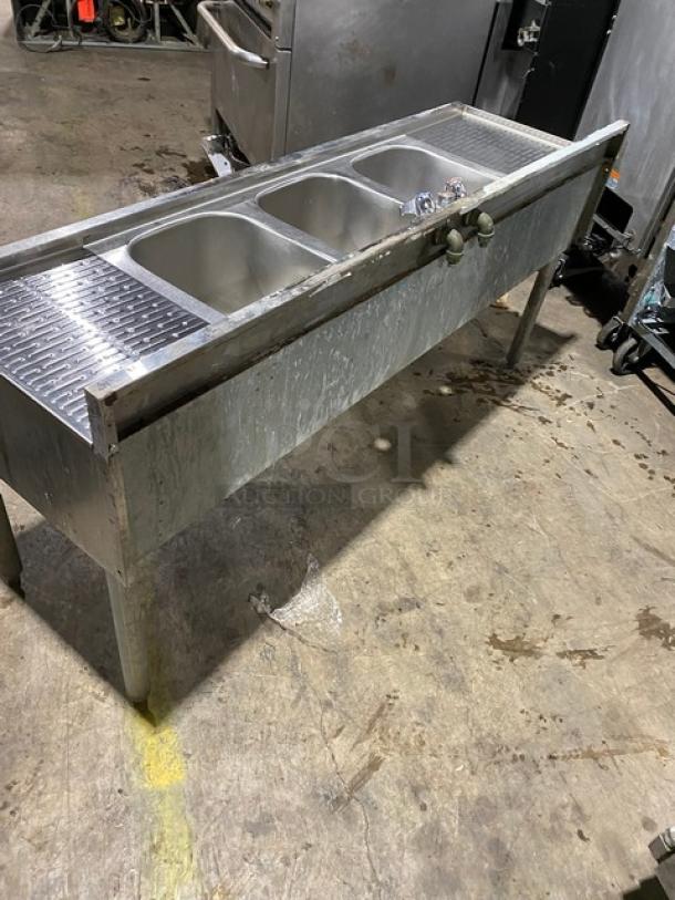 Krowne Commercial Stainless Steel 3 Compartment Underbar Sink! With Left & Right Side Drainboards! With Back Splash! Model: 18-53C SN: 03030006008! On Legs! - Image 3 of 8