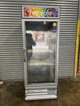 Everest Commercial Single Glass Door Frozen Foods Style Reach In Merchandiser Freezer! With Poly Coated Wire Racks! Model: EMGF23 SN: BMGF2318040020! 115V 1 Phase!