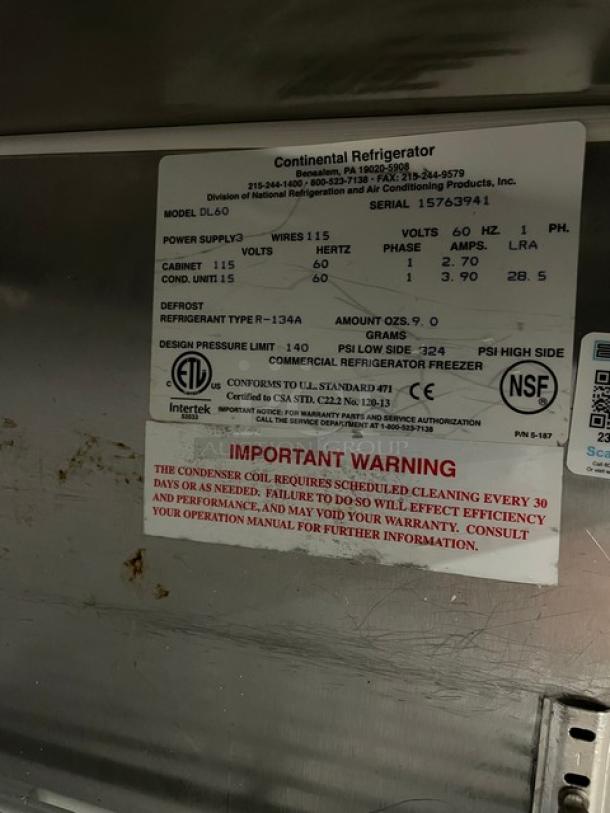 Continental Commercial Stainless Steel 2 Door Undercounter Worktop Freezer! With Poly Coated Wire Racks! Model: DL60 SN: 15763941! 115V 1 Phase! On Casters! - Image 7 of 10