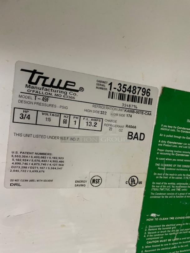 True Commercial Stainless Steel Solid 2 Door Reach In Freezer! With Poly Coated Wire Racks! Model: T-49 SN: 1-3548796! 115V 1 Phase! On Casters! - Image 6 of 9