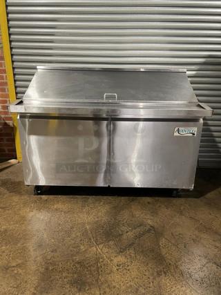 Avantco Commercial Stainless Steel 2 Door Refrigerated Bain Marie Style Mega Top Salad/Sandwich Prep Table! With Poly Coated Wire Racks! Model: 178SSPT60MHC SN: 9142130046! On Casters!