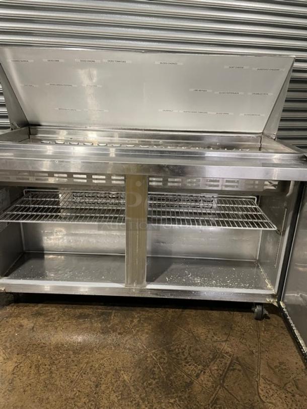 Avantco Commercial Stainless Steel 2 Door Refrigerated Bain Marie Style Mega Top Salad/Sandwich Prep Table! With Poly Coated Wire Racks! Model: 178SSPT60MHC SN: 9142130046! On Casters! - Image 6 of 11