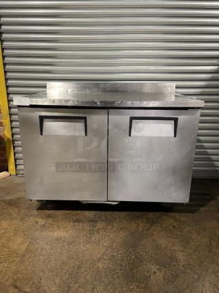 True Commercial Stainless Steel 2 Door Refrigerated Worktop Table! With Back Splash! With Poly Coated Wire Racks! Model: TWT-48 SN: 1-4623994! 115V 1 Phase! On Casters!