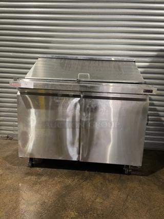 Adcraft Commercial Stainless Steel 2 Door Refrigerated Bain Marie Style Mega Top Salad/Sandwich Prep Table! With Poly Coated Wire Racks! Model: SLM-2D SN: 6128420214050801! 115V 1 Phase! On Casters!