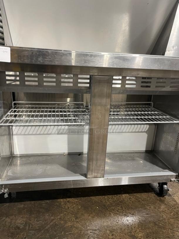 Adcraft Commercial Stainless Steel 2 Door Refrigerated Bain Marie Style Mega Top Salad/Sandwich Prep Table! With Poly Coated Wire Racks! Model: SLM-2D SN: 6128420214050801! 115V 1 Phase! On Casters! - Image 6 of 10