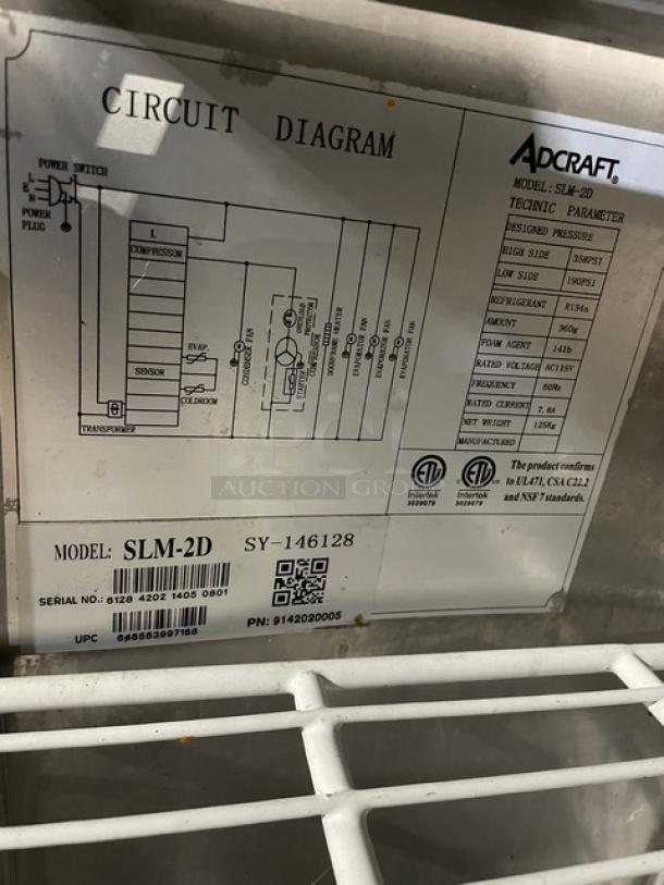 Adcraft Commercial Stainless Steel 2 Door Refrigerated Bain Marie Style Mega Top Salad/Sandwich Prep Table! With Poly Coated Wire Racks! Model: SLM-2D SN: 6128420214050801! 115V 1 Phase! On Casters! - Image 7 of 10
