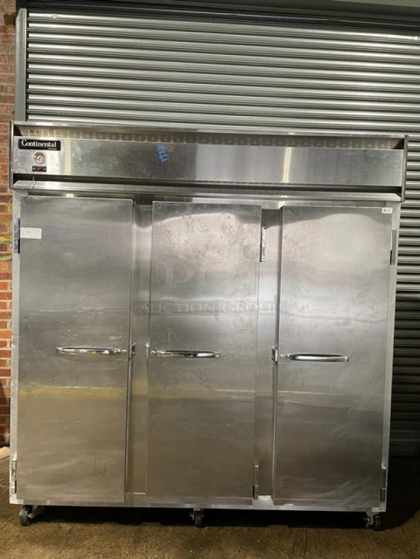 Continental Commercial Stainless Steel Solid 3 Door Reach In Freezer! With Poly Coated Wire Racks! Model: 3F SN: 15597395! 115/208-230V 1 Phase! On Casters! - Image 1 of 12